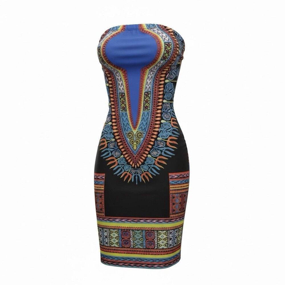 A’GACI Blue Black Abstract Strapless Bodycon Dress Size S Small NWT